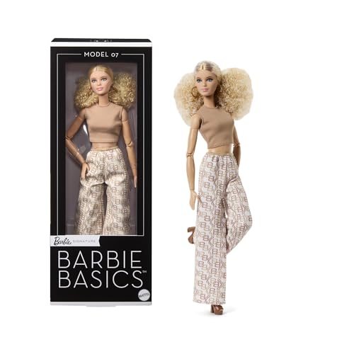 Barbie Basics Muñeca Modelo 07 de Moda para coleccionistas con Melena Rubia y Pantalones Blancos con Estampado, Ropa Intercambiable con Otras muñecas y Cuerpo articulado, JJX26