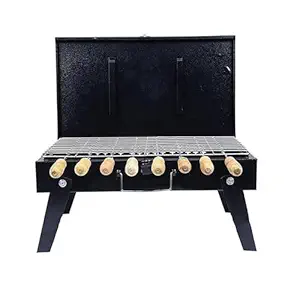 ClickNCart Portable Foldable Charcoal BBQ Grill Set (Briefcase Model) - 8 Skewers, Tongs, & Gloves (Stellar Black) - 1-Year Replacement Warranty
