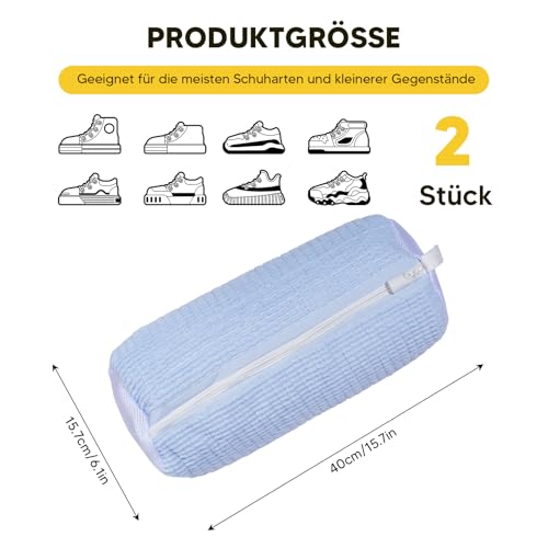Schuhwaschbeutel Waschmaschine, 2 Stück Waschbeutel Schuhe mit Reißverschluss, Wiederverwendbarer Schuhbeutel Wäschenetze für Waschmaschine (Babyblau)