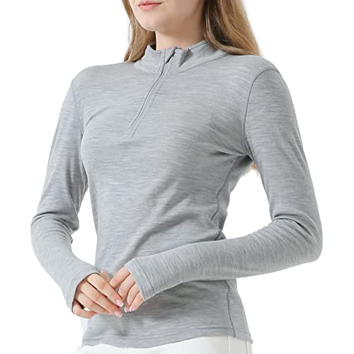 Merino Protect 100% Merino Wool Base Layer Womens Heavyweight Long Sleeve Half Pullover Soft Thermal Tops Hiking Skiing Light Grey Heather