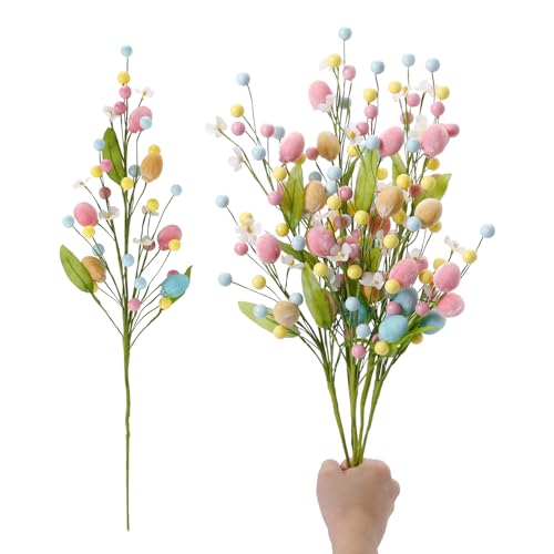 RoseCraft Artificial Easter Flower 5 Pcs Easter Colorful Egg Berries Decorations Spring Flower Stems Egg Twig Branches for Home Party Vase Flower Arrangement Centerpiece Decor