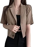 YEJUAWEN 半袖 ジャケット レディース ショート丈 裏地なし 夏 テーラードジャケット カジュアル 通勤 WEN009 (M, ブラウン)