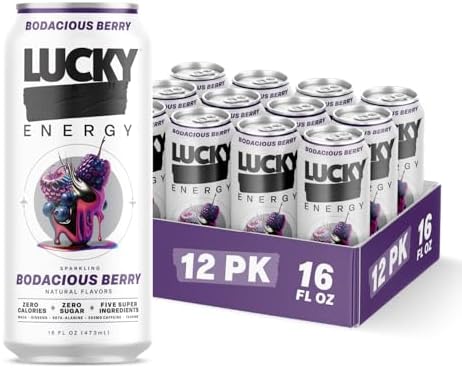 Lucky Energy Sugar Free Energy Drinks, Bodacious Berry, 16oz Cans (12-Pack) Healthy, Zero Sugar Energy Drink with Maca, Ginseng, Beta-Alanine, Taurine & 200mg Caffeine