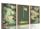 Vintage Golf Wall Art Set of 3, Mid Century Sports Wall Decor Paintings, Retro Green Golf Course Landscape Canvas Prints Artwork Picture for Bedroom Living Room Man Cave 12x16 inch Framed