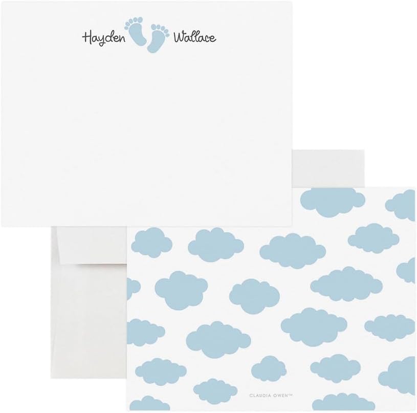 Personalized Baby Footprint Note Cards with Envelopes, Baby Shower Cloud Stationary Paper, Custom Boy Baby Shower Thank You Cards, Your Choice of Quantity and Envelope Color