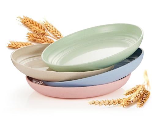 SKY-TOUCH Unbreakable Dinner Plates Set of 4 Reusable Wheat Straw Plates 7.8 Inches Lightweight Unbreakable Dinner Dishes Plates Dishwasher & Microwave Safe