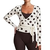Polka Dot Wrap Top for Women Workout Ballet Self Tie Long Sleeve Wrap Shirt Deep V Neck Pilates Yoga Tops (Polka Dot Dark Brown, S)