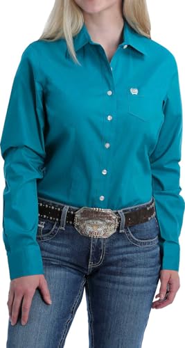 Cinch Women's Solid Button Front Long Sleeve Western Shirt Teal