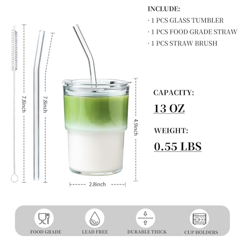 Olvini 13oz Glass Tumbler with Straw and Lid, Reusable Iced Coffee Cup Tumbler, Cute Glass Cups for Water, Matcha, Travel Coffee Mugs (Clear) by Olvini - Image 2
