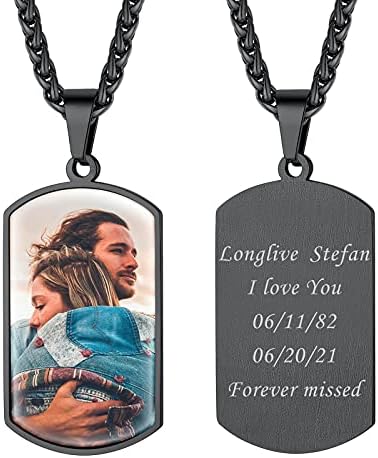 Customized Black Dog Tag Photo Necklace for Men Personalized Picture Pendant Custom Full Color Image Print Memorial Keepsakes Jewelry Loss of Father Gift for Family Dad Couples with Spiga Chain