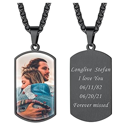 Custom Necklace Black Dog Tag Personalized for Men Picture Necklace Personalized Photo Pendant Necklae Customized Image Print Memorial Gifts for Loss of Mother Father Keepsakes Military Jewelry Wheat Chain 22'' Cover