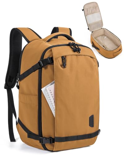Image of BAGSMART Travel Backpack for Women, 15.6 Inch Carry On Bag, Brown Yellow | TSA approved personal item fit for flights. Water resistant weekender daypack ideal for travel, business, and daily use.