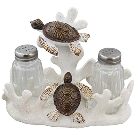 De Leon Collections Polyresin Brown Nautical Sea Turtle on White Coral Seafloor Themed Salt and Pepper Shaker Holder Set Cover