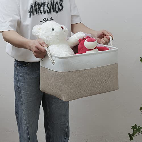 Storage Bins For Organizing (3 Pack), Large Fabric Storage Baskets For Shelves With Ropes, Foldable Storage Cubes For Home, Office,Closet, Clothes, Toys Organizer(White & Beige 15X11X9.5 Inch) #TOP5