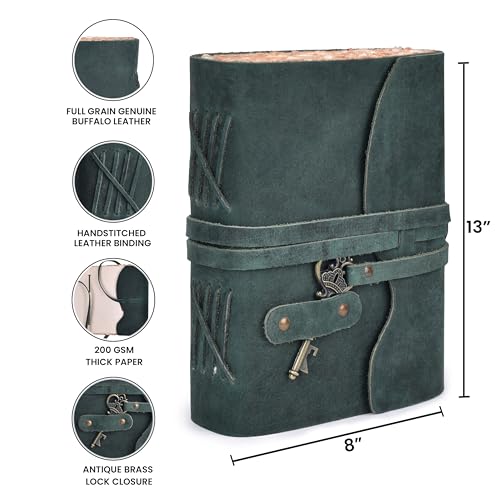 Image of LEATHER VILLAGE Leather Journals For Writing Key Lock, Turquoise 13x8. | Handmade Deckle Edge paper, 200 Blank Pages , Book Of Shadows, Sketchbook, Scrapbook, Leather Journal , Turquoise 13x8