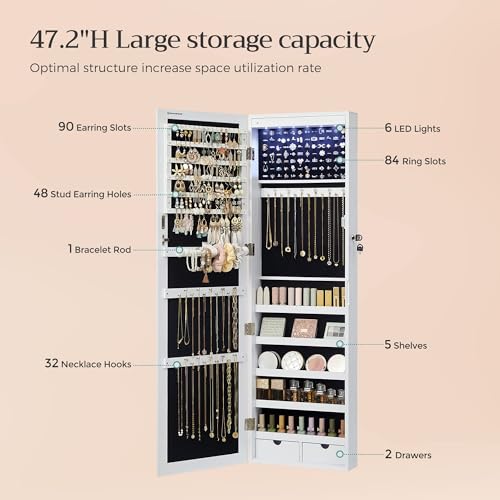 Songmics UJJC93W 6 Leds Mirror Jewelry Cabinet, 47.2-Inch Tall Lockable Wall Or Door Mounted Jewelry Armoire Organizer With Mirror, 2 Drawers, 3.9 X 14.6 X 47.2 Inches, White Ujjc93W thumb #4