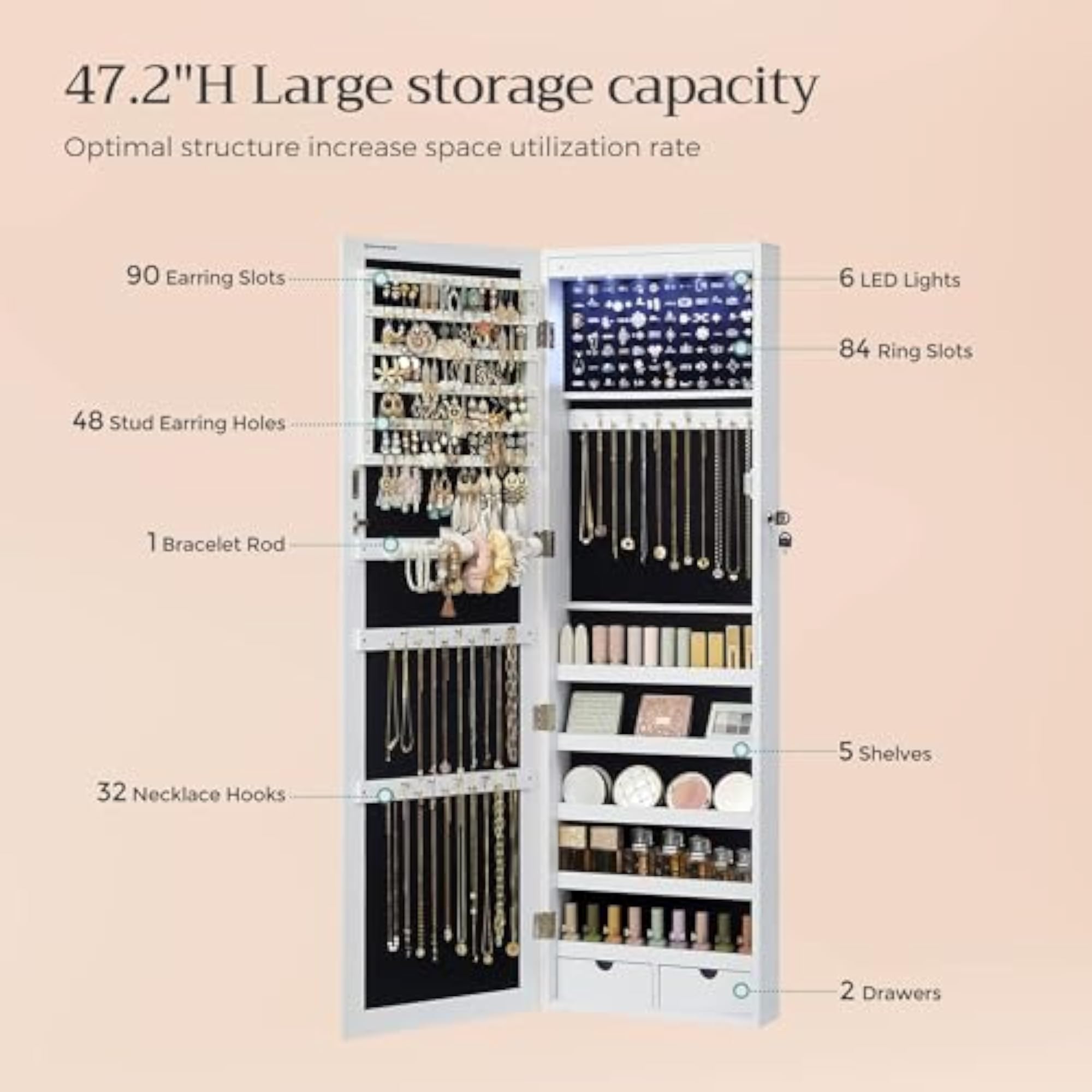 Jewelry Cabinet Lockable Wall Door Mounted Organizer with Mirror