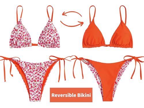 Image of ZAFUL Women's Triangle Bikini Floral String Bikini Set Two Piece Swimsuit Bathing Suits