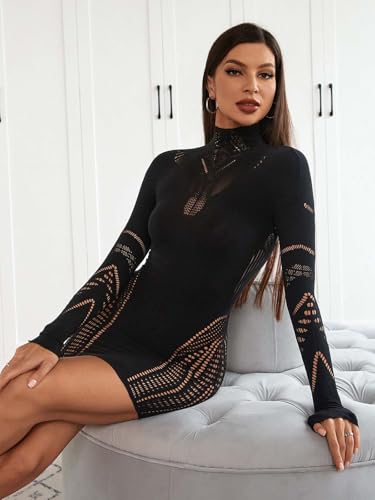 Women's 2025 Sexy Club Mini Dress Lace Babydoll High Neck Long Sleeve Cutout Short Bodycon Dresses3