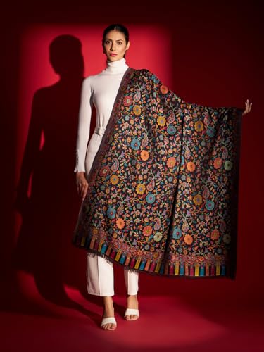 Zamour Women Kani Kashmiri Weave Large Scarf Shawl Wrap in Soft Modal Material 40x80 inches (Black)2