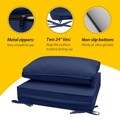 Image of AAAAAcessories Outdoor Chair Cushions, 23 x 23 x 5 + 23 x 13.5 inches | Patio Furniture Replacement Cushions, Fade-Resistant, Waterproof, Removable Cover with Ties for Garden, Navy Blue