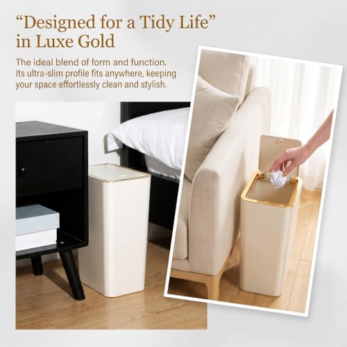 Cubo de basura delgado de 10L impermeable y sanitario con tapa táctil crema 3