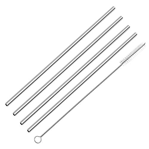 Image of Expresso - New Set of 4 Reusable Stainless Steel Drinking Straws 10.5'' (4 Straight & 1 Cleaning Brushes) - BPA Free Metal, Thick, Long, Dishwasher Safe - for Smoothies, Tumblers, Travel & More