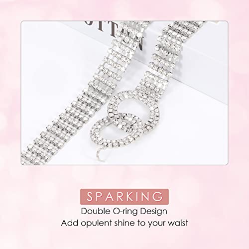 Whippy Women Rhinestone Belt Silver Shiny Diamond Fashion Crystal Ladies Double O-Ring Waist Belt For Jeans Dresses Fit Waist Size 35-41 Inches #TOP1
