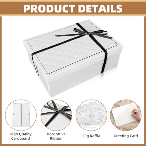 Geschenkbox mit Deckel, 25x18x8.5cm Falt Geschenke Box mit Schleifen, Raffia, Grußkarten - Set, Geschenkbox Geburtstag für Valentinstag Geburtstage Weihnachten Hochzeit (Weiß)
