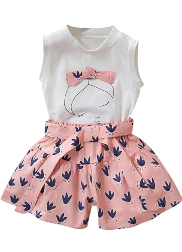 Casual Girls 2 piece set - Sleeveless cotton Bowknot Top and Printed Shorts