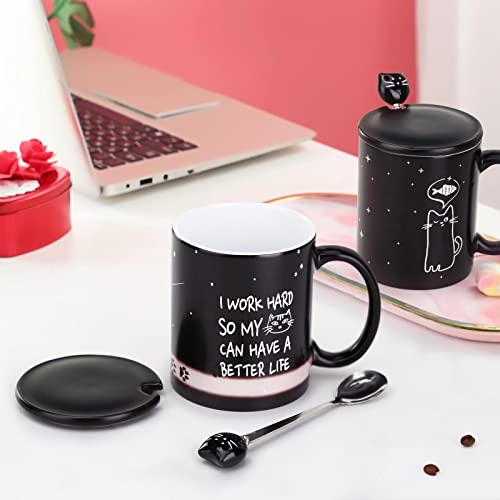 MUGKISS Canecas para Gatos, Xícara de Café Que Muda de Cor, 11 Oz- Eu Trabalho Duro para Que Meu Gat