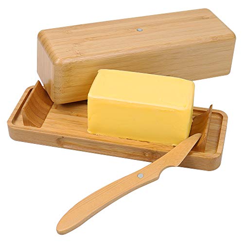Bamboo Butter Dish with Measurements and Knife by HTB, Smart Covered Butter Keeper, Extended Feet to Keep Butter Mess Off the Table, Easy Scoop Ramps, Magnetic to hold the butter-covered knife