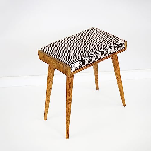 Walnut Ottoman Stool for Living Room | Upholstered in Crowbar Pattern Fabric | Versatile as a Piano Bench | Ideal Bedroom Bench | Functional Footstool Bench