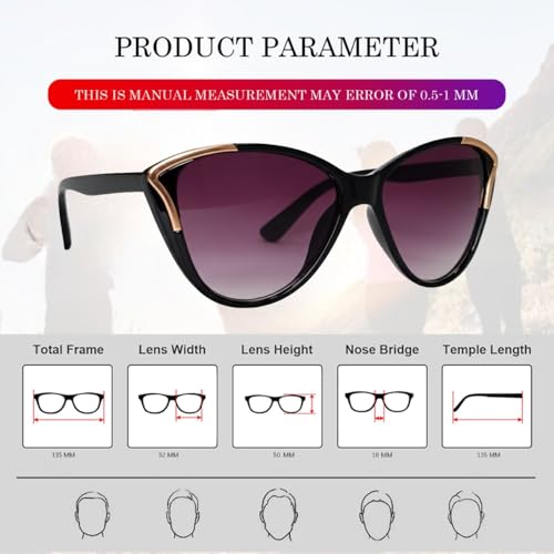 Image of Women's Cat Eye Sunglasses, Black Frame with Gold Accents, Gradient Purple Lens, UV Protection, 135mm Total Width