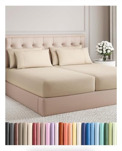 Image of Split King 7 Piece Bed Sheet Set - Comfy, Breathable & Cooling - Wheat