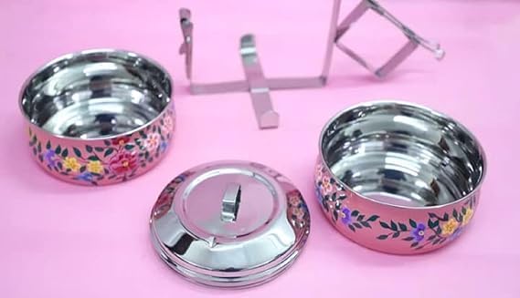 Image of iHandikart Handpainted Decorative Lunch Box Tiffin | Multiple Tier Stainless Steel Food Box | Designer Indian Print Tiffin for School | Diwali Gift, Navratri Gift (Color - Multicolor)
