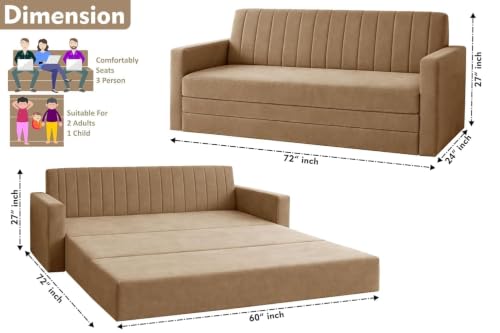 Image of Sofa-Cum-Bed | Three Seater Foldable Sofa Bed Couch with Armrest | Velvet Fabric Sofa for Living Room, Bedroom & Office- Golden Color