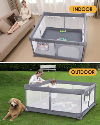 Image of Veraste Foldable Baby Playpen, 51 inchx51 inch Indoor & Outdoor Play Yard with Single-Joint Frame, Breathable Mesh, Non-Slip Base, Portable Playpen for Toddlers and Infants (Grey)