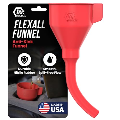 TEC Products FlexAll Anti-Kink Funnel - Long Flexible Funnel with Hose for Automotive Use - Durable Nitrile Rubber - Car Oil Change, Transmission Fluid, Diesel, Gas - Made in USA (9 x 3.95 Inches)