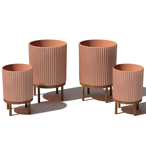 Image of Veradek Demi Series Raised Duo Planters - Set of 2 Planters with Stands | Made From a Durable Plastic-Stone Composite & Comes With Wooden Stand. Modern Porch /Patio Decor