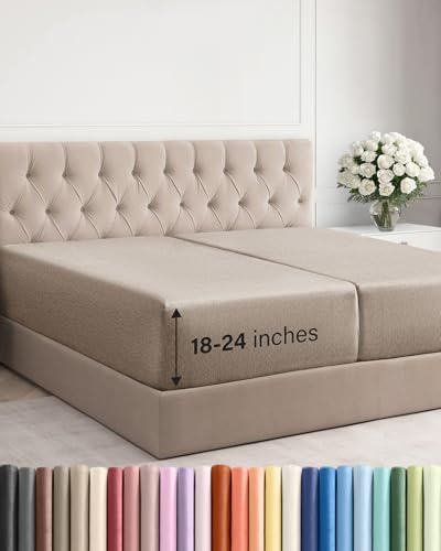 Image of Extra Deep Split King Fitted Sheet - Single Fitted Sheet - Heathered Beige | Easily Fits 18 inch to 24 inch Mattress, Soft, Wrinkle Free, Breathable & Comfy, Extra Deep Pockets Hotel Luxury Fitted Sheet
