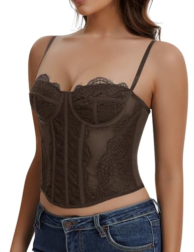 Image of Lace Corset Tops for Women Sexy Going Out Bustier Top Sleeveless Adjustable Straps Crop Tops with Back Hooks