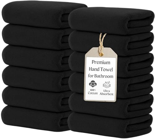 The Towels Haven Hand Towels for Bathroom [12 Pack] 16x28, 100% Cotton, Ultra Soft Hand Towel for Gym, Kitchen and Spa, Quick Dry and Highly Absorbent Bulk Towels for Barber and Salon | Black