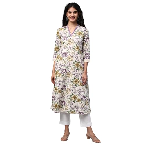 Image of KAMI KUBI Printed a-line kurta with block print detail on neck and sleeve.