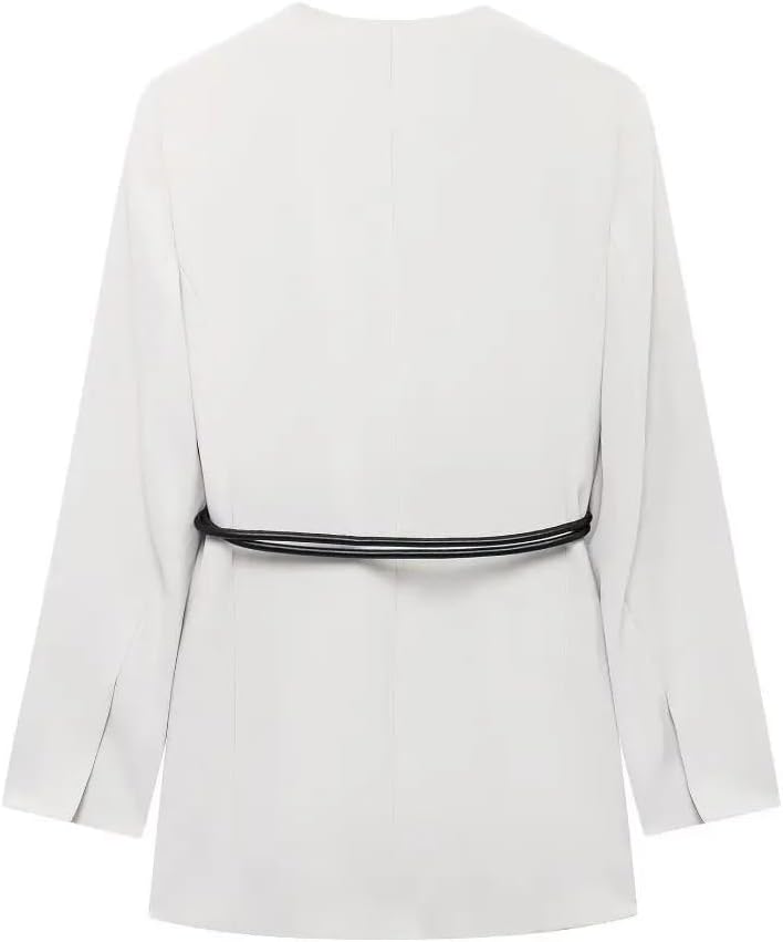 Women's Solid Blazer with Belt, V-Neck Long Sleeve Casual Blazer, Chic Lady Office to Street Style Jacket