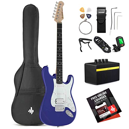 Donner DST-100L 39 Inch Electric Guitar Beginner Kit Solid Body Purple Full Size Sapphire Blue HSS Pick Up for Starter, with Amplifier, Bag, Digital Tuner, Capo, Strap, String,Cable, Picks