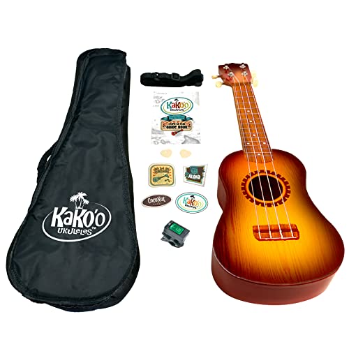 KaKo'o Music Sunburst Award Winning Soprano Ukulele - Metal Geared Tuners and Premium Nylon Strings - Guide Book Learn Easy Chords - Carrying Case & Ukulele Playing Strap (Sunburst)