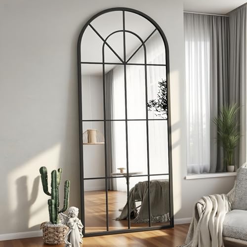 Image of Dewfig Arched Windowpane Floor Mirror, 71 inchx 32 inch Full Length Mirror, Black