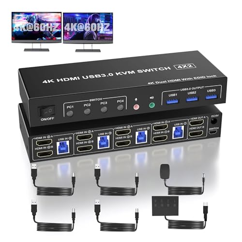 Conmutador KVM USB 3.0 monitor dual 4K60Hz compatible con EDID y micrófono para 4 computadoras