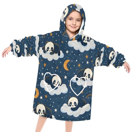 Wearable Blanket Hoodie for Kids, Lazy-looking Panda Fleece Sweatshirt Blanket Oversized Blanket Sweatshirt with Pocket Flannel Warm Hooded Blanket 6-10 Year Old Girl Boy Gift, One Size